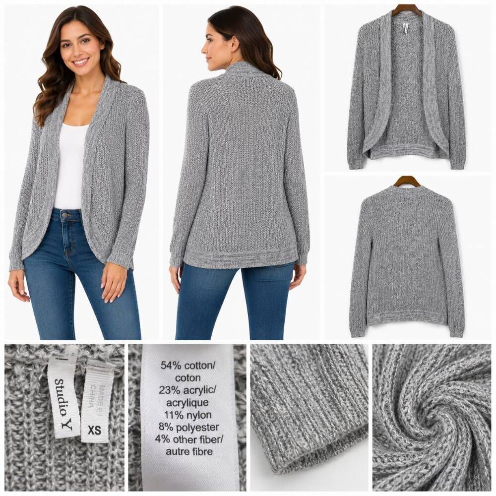Studio Y Gray Open Front Knit Cardigan Sweater XS Shimmer